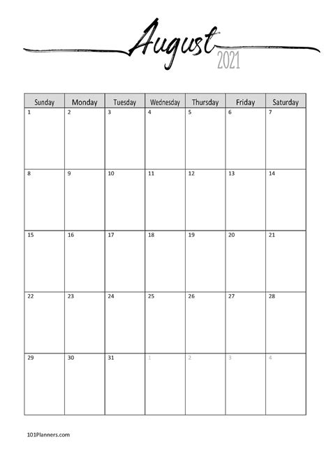 Free Printable August 2021 Calendar