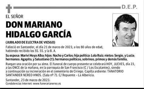 Don Mariano Hidalgo Garc A Esquela Necrol Gica El Diario Monta S