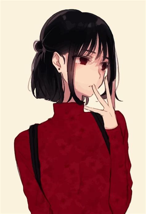 Anime Girl With Black Hair And A Red Sweater Vector Art At