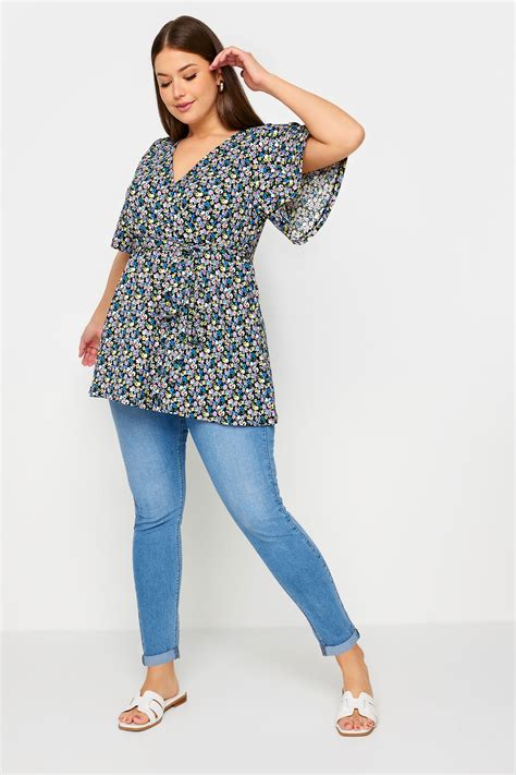 Yours Plus Size Black Floral Print Textured Wrap Top Yours Clothing