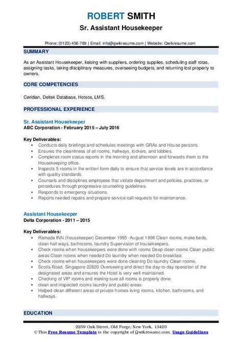 Assistant Housekeeper Resume Samples Qwikresume