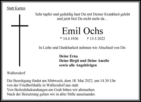 Traueranzeigen Von Emil Ochs Vrm Trauer De