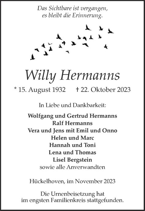 Traueranzeigen Von Willy Hermanns Aachen Gedenkt