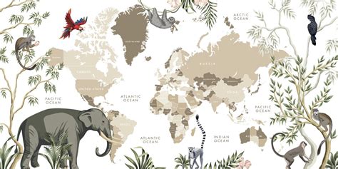 Carte Du Monde Avec Animaux De La Jungle Papier Peint