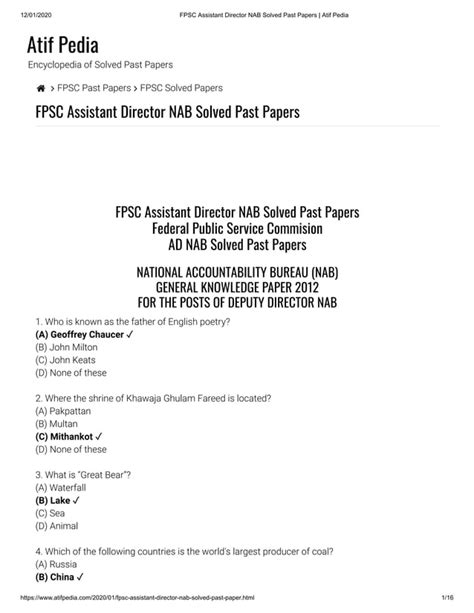 Fpsc Assistant Director Nab Solved Past Papers Atif Pedia Pdf