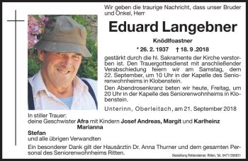 Traueranzeigen Von Eduard Langebner Trauer Bz