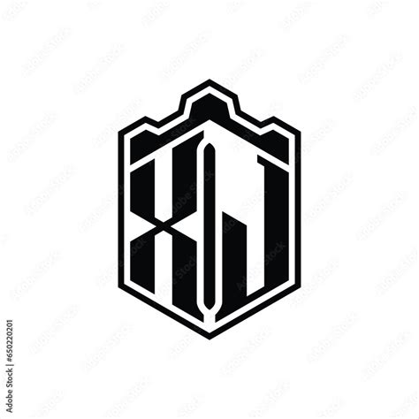 Xj Letter Logo Monogram Hexagon Shield Shape Crown Castle With Outline