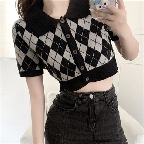 Itgirl Shop Aesthetic Clothing Black White Argyle Pattern Knit Crop