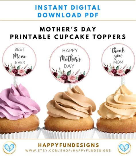 Mothers Day Cupcake Toppers Printable Cake Pop Tags Cupcake Etsy