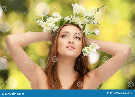 Naked Woman On Green Background With Flowers Stock Photo Image 18201026