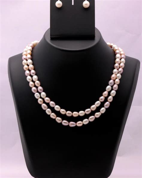 2 Lines Pink Peach Colour Pearl Necklace Set Modi Pearls