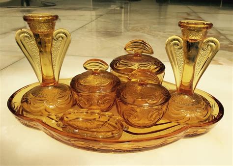 Art Deco Amber Glass Dressing Table Set In Excellent Condition 1778585743