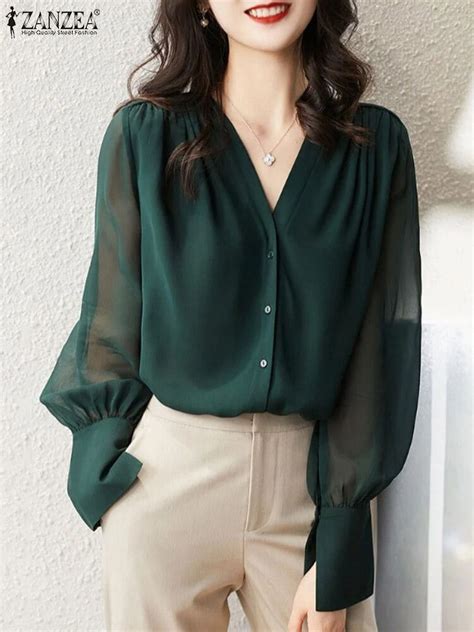 Zanzea Casual Women Tops Fashion Long Lantern Sleeve Blouses Vintage V