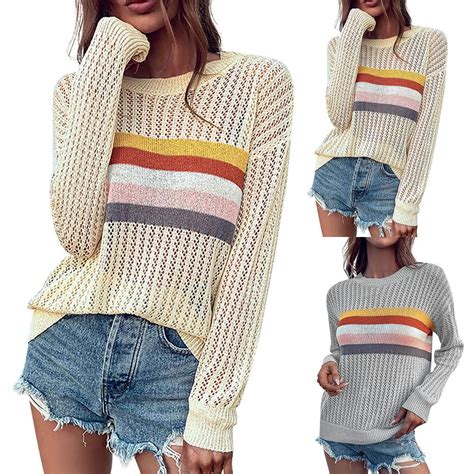 Buy Women S Autumn Hollow Rainbow Striped Long Sleeve Pullover Women S Knitted Sweater At