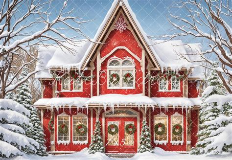 Kate Winter White Snowland Red House Backdrop Designed By Emetselch