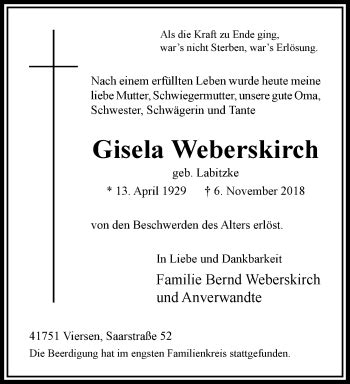 Traueranzeigen Von Gisela Weberskirch Trauer Und Gedenken