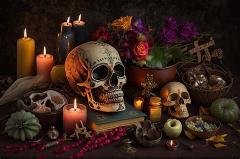 Festival del día de los muertos con calaveras y ofrendas para los seres