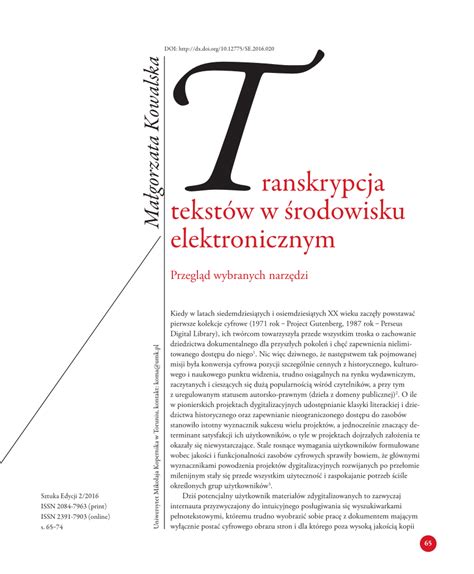 PDF Transkrypcja tekstów w środowisku elektronicznym Przegląd