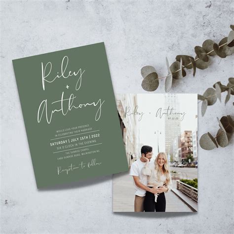 Sage Green Minimalist Wedding Invitation Template Editable Etsy