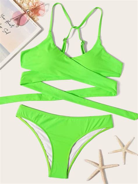 Shein Neon Lime Criss Cross Wrap Top With Panty Bikini Set Bikinis