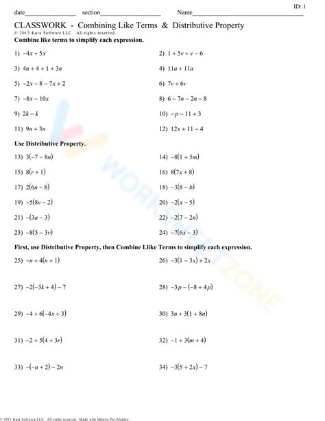 Combining Like Terms Distributive Property Worksheet