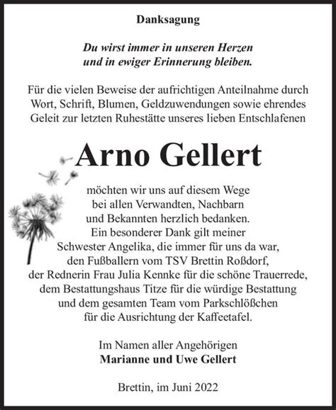 Traueranzeigen Von Arno Gellert Abschied Nehmen De