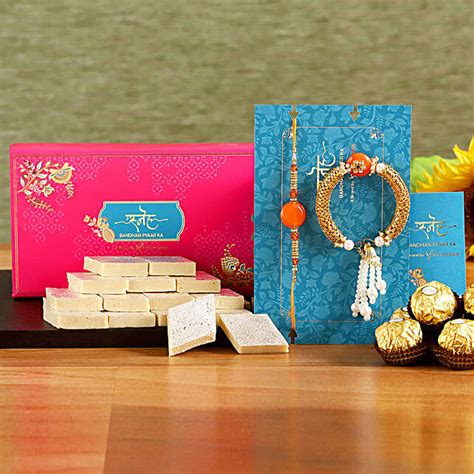 Pearl Lumba Rakhi Set And Kaju Katli With Pcs Ferrero Rocher Exp Uk