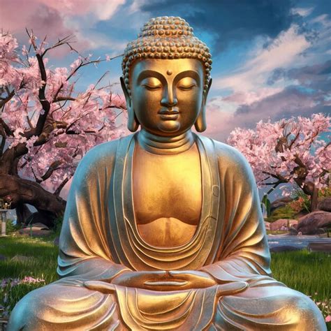 A Statue Of Buddha Sits In A Park With Cherry Blossom Trees In The