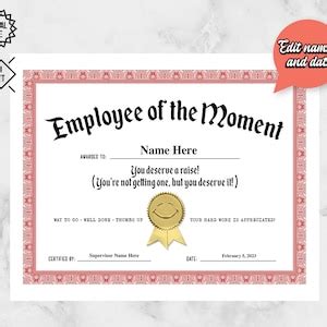 Printable Employee Of The Moment Certificate Employee Appreciation Week