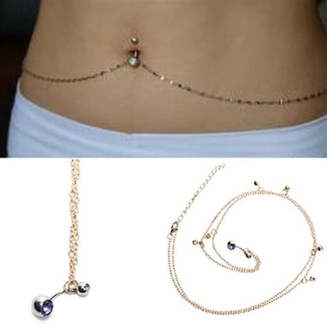 Womens Rhinestone Navel Ring Belly Button Bar Waist Chain Body