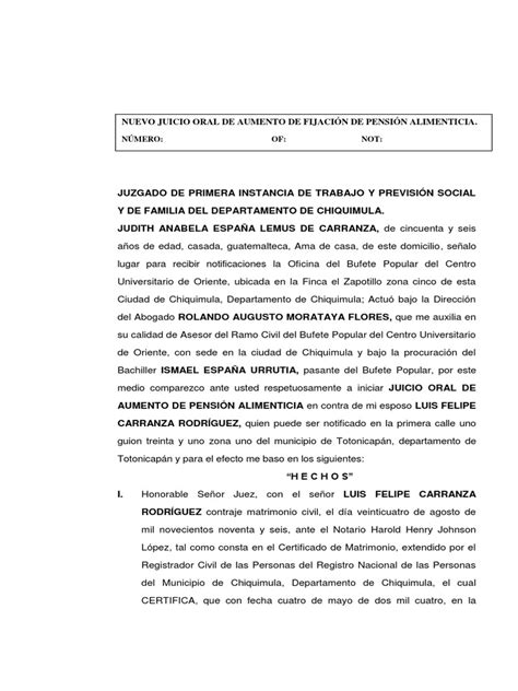 Demanda De Aumento De Pensión Alimenticia Manutención De Los Hijos Pensión