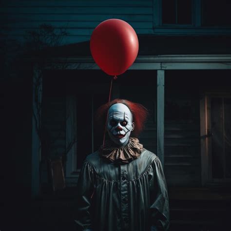 Premium Photo Creepy Clown With Red Balloon Horror Film