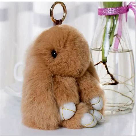 18CM Cute Fluffy Bunny Keychain Rex Rabbit Fur Key Chain Fur Pom Pom