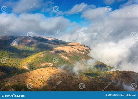 Dramatic Mountain Autumn Landscape At Sunset Low Clouds Stock Image