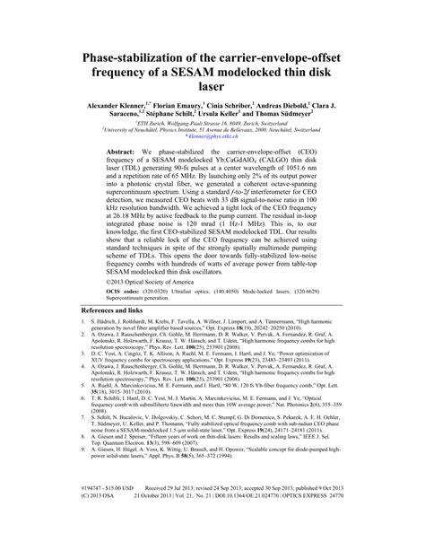 PDF Phase Stabilization Of The Carrier Envelope Offset Frequency Of A