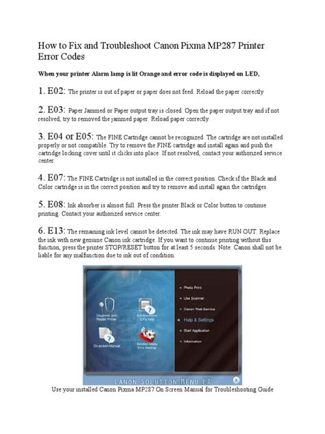 Understanding and Troubleshooting Common Error Codes for the Canon Pixma MP287 Printer | PDF ...