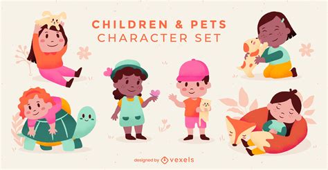 Children And Pets Characters Set Vector Download