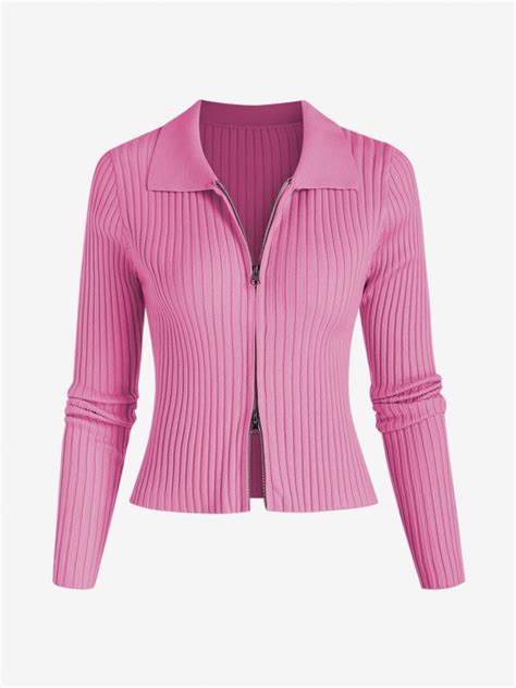 Solid Color Knit Zipper Long Sleeves Bodycon Cardigan In Light Pink Zaful 2024