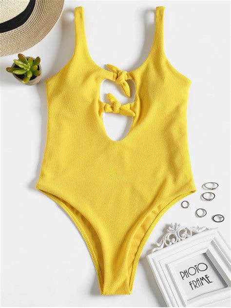 Ribbed Knotted High Cut Swimsuit Bright Yellow One Pieces L Zaful