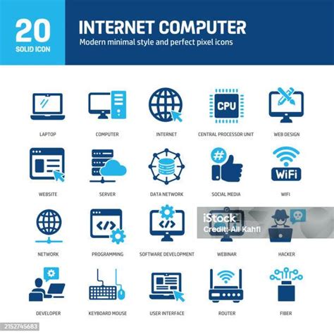 인터넷 컴퓨터 글리프 단색 아이콘입니다 컴퓨터 소프트웨어 인터넷을 포함하며 솔리드 아이콘 컬렉션을 지원합니다 벡터 일러스트 레이