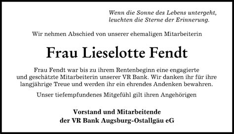 Traueranzeigen Von Lieselotte Fendt Augsburger Allgemeine Zeitung