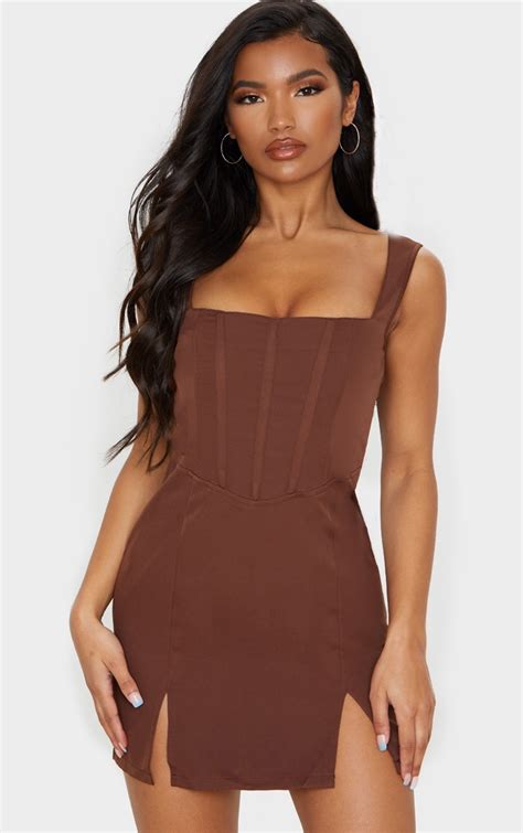 Chocolate Brown Sleeveless Corset Bodycon Dress Dresses