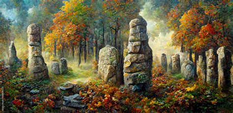 Megalithic Stone Structures In The Autumn Forest Stone Pillars Of An