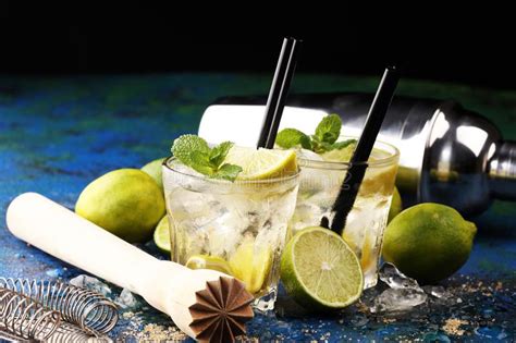 Lemon Fruit Lime Caipirinha Of Brazil Cocktail With Lemon And Mint