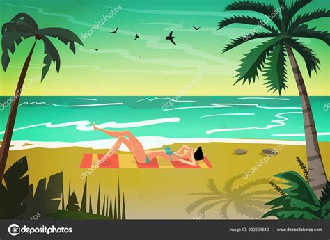 Woman Sunbathes On The Beach On Sand At Sunset Vector Flat Cart ⬇