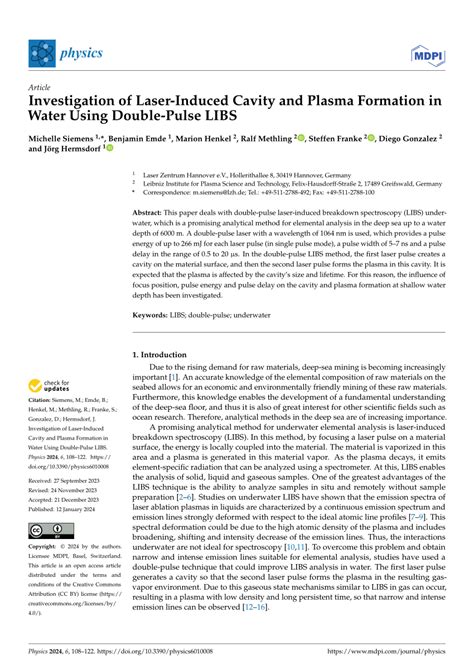 (PDF) Investigation of Laser-Induced Cavity and Plasma Formation in Water Using Double-Pulse LIBS