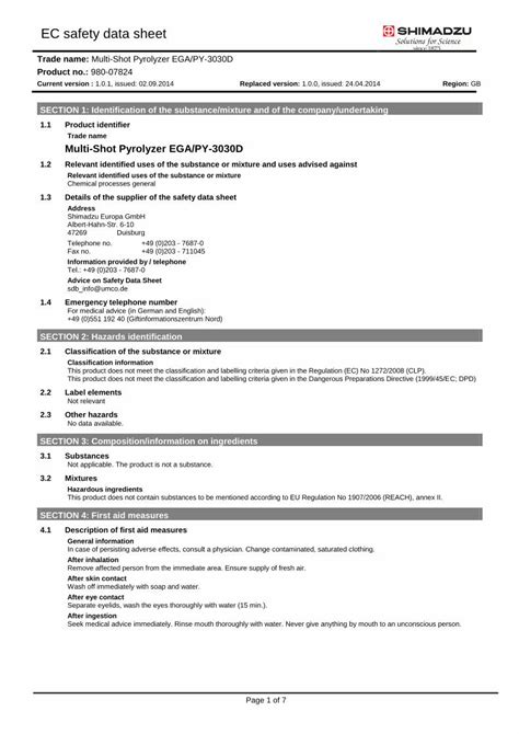 PDF EC Safety Data Sheet SHIMADZU EUROPA Safety Data Sheet Trade