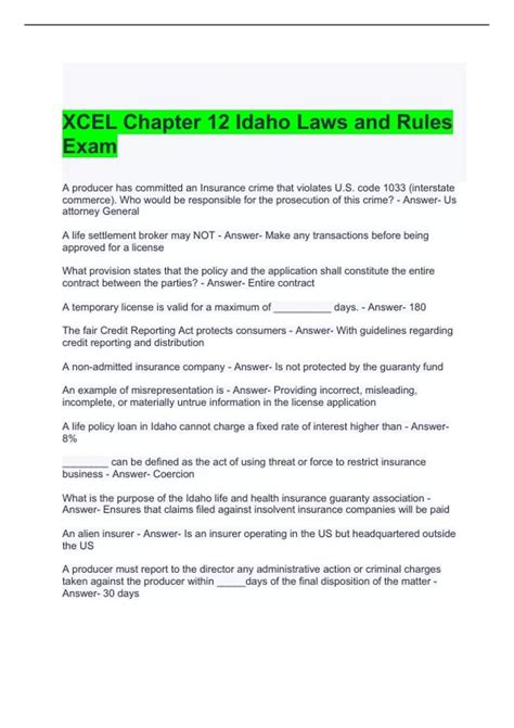 Xcel Chapter Idaho Laws And Rules Exam With Correct Answers