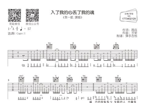 入了我的心丢了我的魂吉他谱贺一航g调弹唱六线谱弹手吉他上传 吉他屋乐谱网