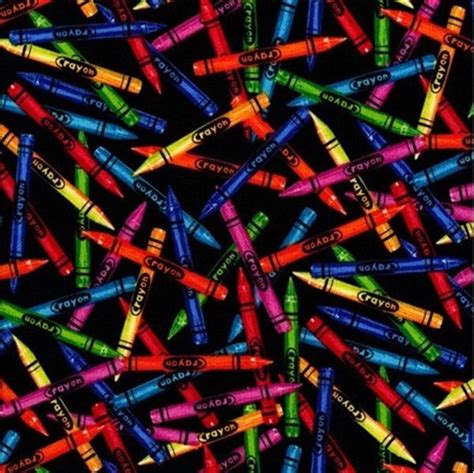 Cotton Fabric - Childrens Fabric - Colorful Crayons Scattered on Black ...